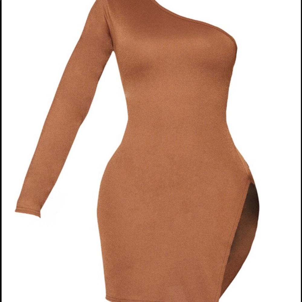 PrettyLittleThing Shape Chocolate One Shoulder Split Bodycon Dress